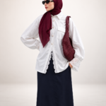 Women's Off-White Inlaced Pleated Top – Long Sleeve Polo Collar